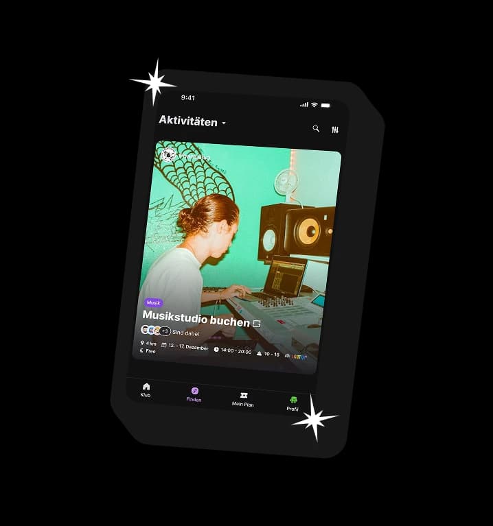 Klub-App Startbildschirm mit Aktivitäten in der Nähe